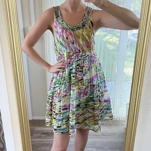 Anthropologie Leifsdottir Silk Mini Dress Sz 4 Babydoll Ruffle Green Purple - Picture 1 of 15