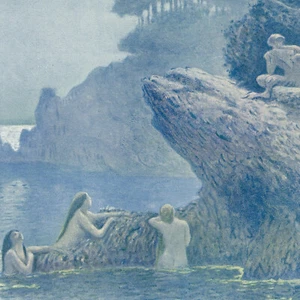 Décoration J Françis Auburtin Forêt Mer Baigneuse Musique Pan Chromotypie C1920 - Picture 1 of 3