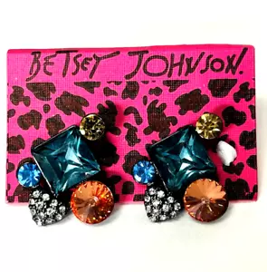 Betsey Johnson Rhinestones Multicolored Earrings Blue orange Yellow Abstract .9" - Picture 1 of 4
