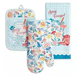Pionierin Frau würzig Cowgirl Küchentuch Ofenhandschuh Topflappen Blumenmuster 3-teilig Geschenk - Bild 1 von 3