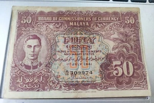 1941 MALAYA Straits Settlement KING GEORGE fifty 50 cents banknote A/28 309974 - Picture 1 of 7