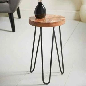 Industrial Side Table Round Coffee Table Wood Table Black Frame Natural Table  - Picture 1 of 3