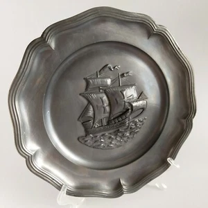 Vintage German Pewter Wall Plate with Ancient Ship Sailboat 9 inch - Picture 1 of 7