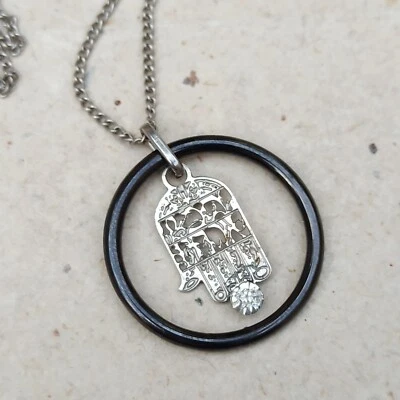 Мужское филигранное ожерелье хамса из черного стекла обруч серебро подарок рука Фатимы винтаж - Изображение 1 из 4