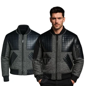 Men’s Grey & Black Real Wool Leather Varsity Bomber Jacket Retro Letterman Coat - Picture 1 of 8