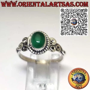 Anello in Argento 925‰ con Agata Verde Naturale Ovale e Decorazioni a Spirali su - Foto 1 di 4