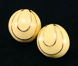Monet Pierced Earrings Cream Colored Domed with Gold Tone Lines Vintage Signed - Picture 1 of 8