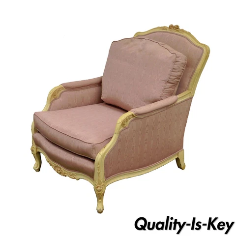 Vintage French Hollywood Regency Style Cream Carved Parlor Fireside Lounge Chair Cover