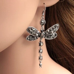 Gray & Silver Crystal Dragonfly Colorful Dangle Earrings Silver Tone, Radiant - Picture 1 of 2