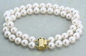 2 Row real Natural AAA 7-8mm White Akoya Pearl Bracelet 7.5-8" 14k Gold Clasp - Picture 1 of 3