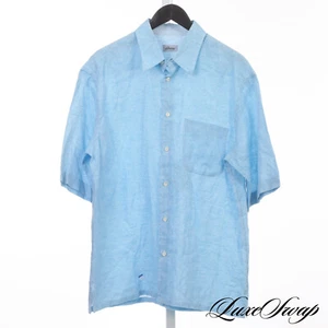 #1 MENSWEAR Brioni Made in Italy 100% Linen Light Aqua Speckled Camp Shirt L NR - Picture 1 of 6