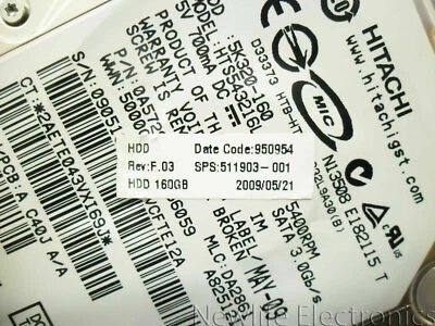 HP 511903-001 160GB 5,400 RPM 0.5 in. SATA HDD 480603-001 - Image 1 of 4