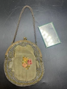 Vintage Tapestry Needlepoint Embroidery Carpetbag Purse Handbag w/ Mirror - Picture 1 of 15