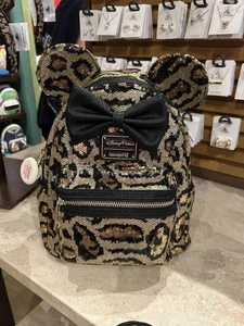 2025 Disney Parks Loungefly Minnie Mouse Leopard Pailletten Mini Rucksack Neu mit Etikett - Bild 1 von 3