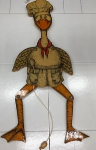 Susan Feves 1985 Duck Chef Vintage Zugschnur Holz 10,5"" x 8"" Sprungwagenheber - Bild 1 von 11