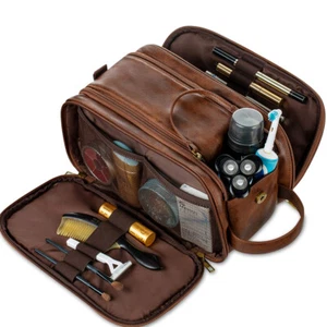 Neu Kulturbeutel wasserdichte PU-Leder Reise-Kulturtasche Tragegriff braun DE - Bild 1 von 15