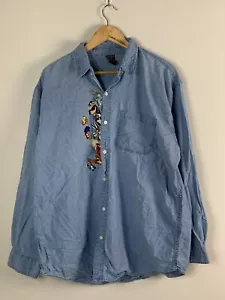 Vintage 90s Looney Tunes Warner Bros Denim Shirt XL Bugs Bunny Taz Tweety Unisex - Picture 1 of 11