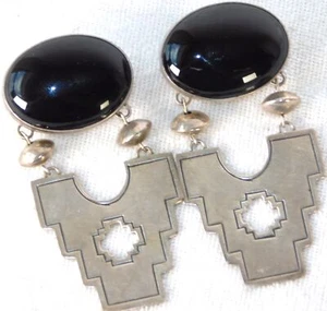 Vintage Large Navajo Onyx Sterling Silver Dangle Drop Earrings 2 3/4" 32gs - Picture 1 of 8