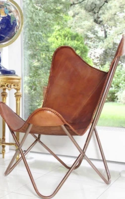 Silla mariposa vintage de cuero hecha a mano para interiores y exteriores con marco de hierro salón Foto 1 de 4