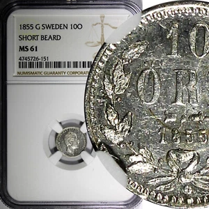 SWEDEN Oscar I (1844-1859) Silver 1855 G 10 Ore NGC MS61 Short Beard KM# 683 (1) - Picture 1 of 5