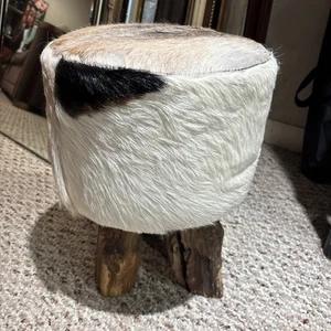 Vintage Rustic Cow Hide Stool 17” H X 12” Diameter Hand Made - Picture 1 of 5