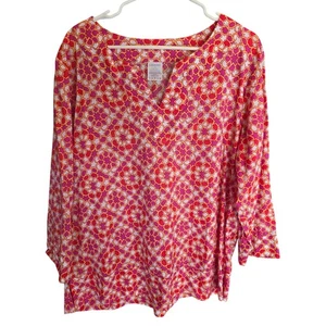 Lands End Geometrisches Langarm-Top Strand 16 Damen Übergröße V-Ausschnitt Art Deco  - Bild 1 von 5