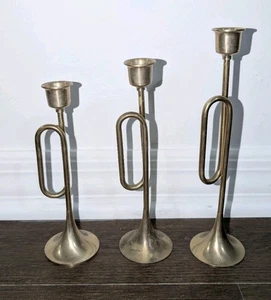 3 Vintage Brass Graduated Candle Stick Holders Horn Trumpet Bugle - Picture 1 of 8