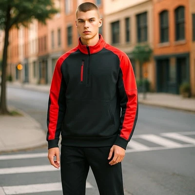 Pullover Antigua Hombre Grande Manga Larga 1/4 Cremallera en Bloque de Color Negro y Rojo Nuevo Foto 1 de 4