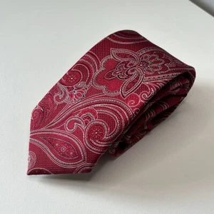 Saks Fifth Avenue Red & Silver Paisley Print 100% Silk Tie w/ Blue Floral Accent - Picture 1 of 14