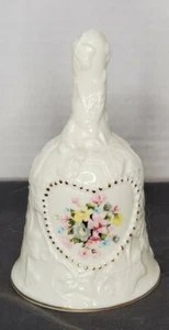 White Porcelain Bell Embossed Ivy Heart flowers gold beading Farmhouse chic - Picture 1 of 11