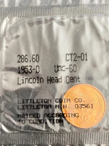 1953-D Lincoln Head Wheat Penny Cent Littleton Coin Co Sealed Wrapper Cover