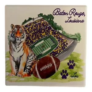 Handmade 4 in Ceramic Square Coaster “LSU” Football~Stadium~Louisanna~Tiger - Picture 1 of 1