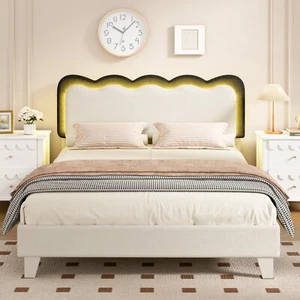 Upholstered Flowers Scalloped Bed Velvet Platform Bed with Headboard LED - Picture 1 of 11