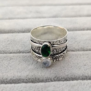 Emerald & Moonstone Spinner Ring 925 Sterling Silver Lovely Stone Size 9 MO997 - Picture 1 of 6