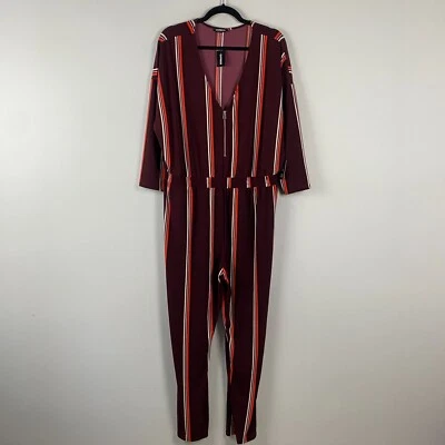 Женский комбинезон Express большой бордовый в полоску с V-образным вырезом на молнии спереди 3/4 рукава - Изображение 1 из 4