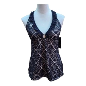 Anne Cole Black Crochet Halter Neck Tankini Swimming Suit Top Vacation Size 12 - Picture 1 of 9