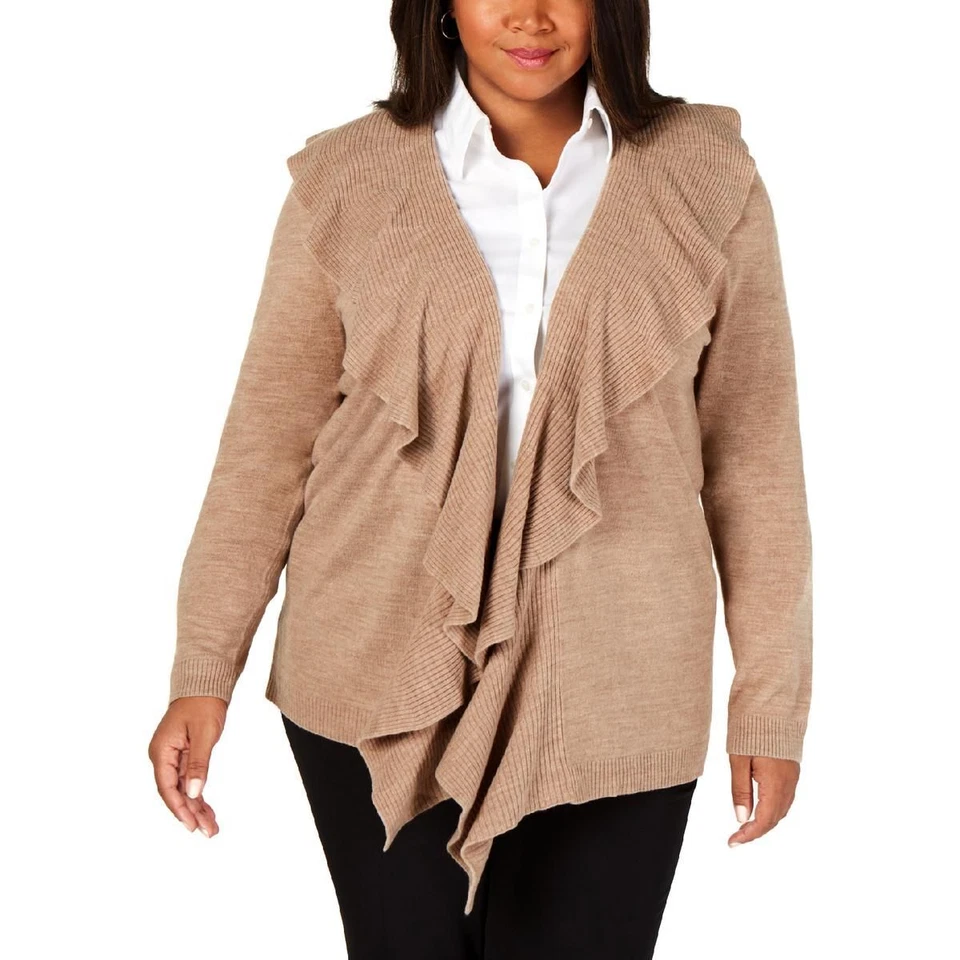 Karen Scott Womens Tan Ruffled Soft Cardigan Sweater Top Plus 1x BHFO 2410