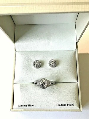 JUEGO DE PENDIENTES ANILLO QVC DIAMONIQUE PLATA ESTERLINA CHAPADO EN RODIO CIRCONITA Z 9.5 Foto 1 de 4
