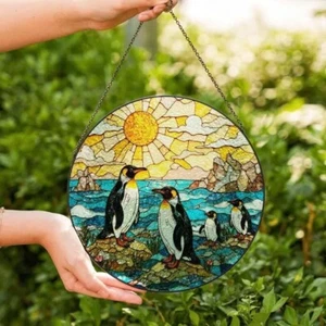 Pinguin Familie Sonnenfänger, Buntglas Ozean Sonnenuntergang Fenster Hängedeko - Bild 1 von 2