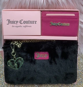 Juicy Couture Faux Fur Black Wristlet CC Key Ring Gift Set NWT And Box - Picture 1 of 8