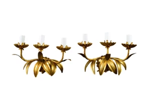 Par de apliques de luces de pared de triple hoja Hollywood Regency Hans Kcheid - Imagen 1 de 9