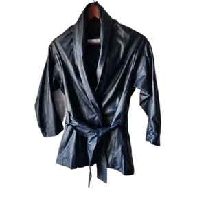 Byron Lars Beauty Mark Blue Vegan Leather Belted Jacket Cropped Sleeve Size 2 - Picture 1 of 8