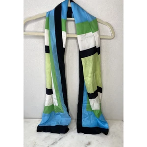Talbots Scarf 100% Silk New Vintage Deadstock Blue Green Black White Colorblock - Picture 1 of 5