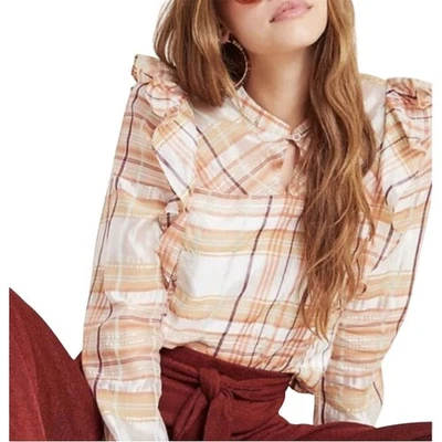 Anthropologie Current Air Plaid Ruffle Silk Blend Blouse Boxy M Cowgirl Rodeo - Image 1 of 4