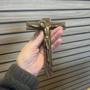 French Wall cross 6” Art Deco Hartmann Bronze Wood Mid Century Crucifix Christ - Picture 1 of 10