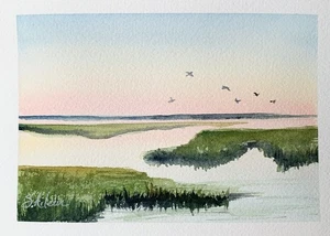 Original Aquarell Landschaft Gemälde Tiefland Sonnenuntergang mit Vögeln 5x7 signiert - Bild 1 von 2