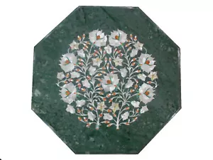 18" Green Marble Coffee Table Top Mother of Pearl Inlay With Wooden Stand Decor - Picture 1 of 7
