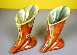 VGT Haeger MCM Brown Green Swirl Calla Lily Cornucopia 2 Candle Stick Holders - Picture 1 of 22