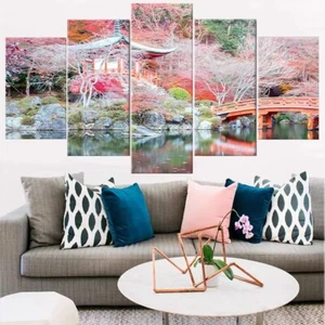 Japanese Autumn Zen Garden Pagoda And Bridge 5 Piece Panel Canvas Wall Art Decor - Picture 1 of 3