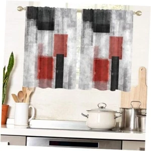 and Black Window Curtains for Kitchen White Grey Gray Abstract 27.5Wx39L Red - Picture 1 of 7